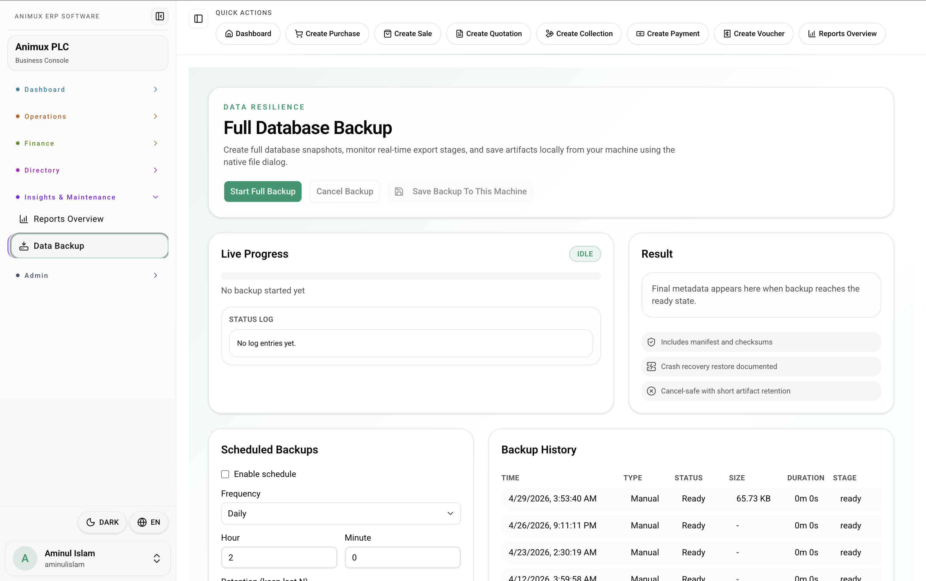 Database backup and security features